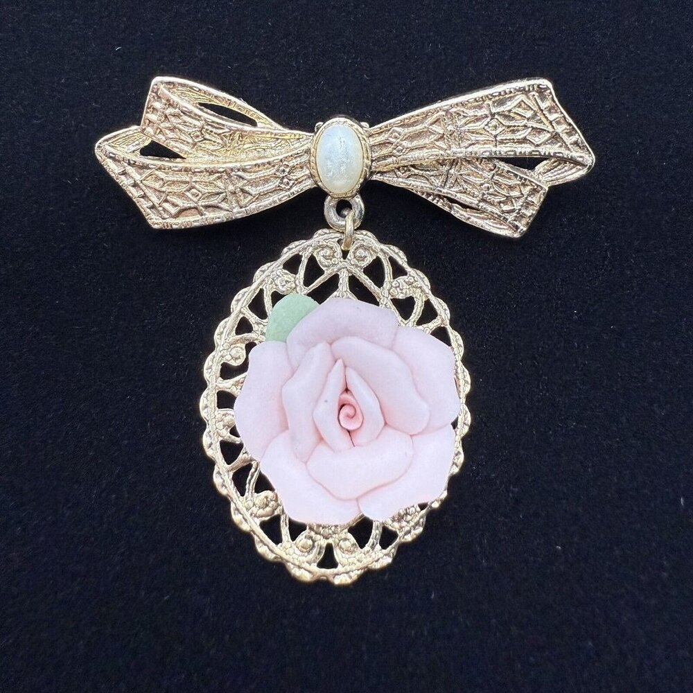 Vintage 1928 Porcelain Rose Brooch Faux Pearl Dangle Ribbon Bow Lapel Pin